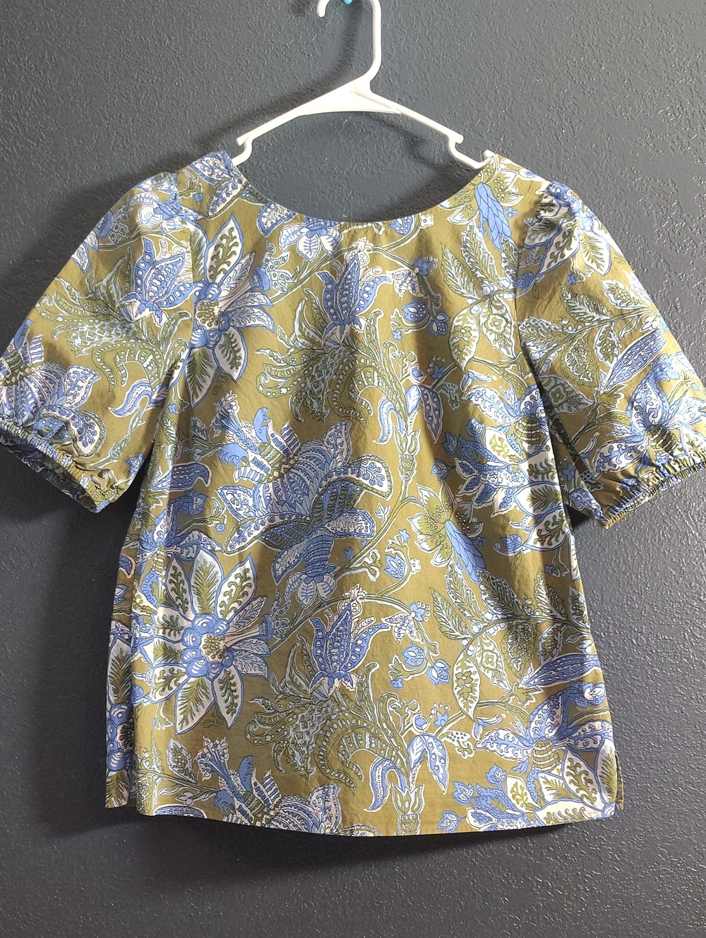 Talbots Olive and Light Blue Lively Floral Botanical Print Top